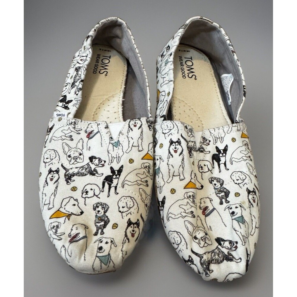 EUC Toms Women Sz 7.5 Office Dogs White Shoes Frenchie Poodle Labrador Husky - Picture 3 of 5